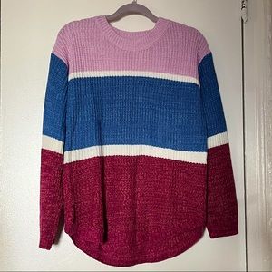 SO Lilac Egret Stripe Crewdrop Shoulder Shirttail Sweater | Size Large